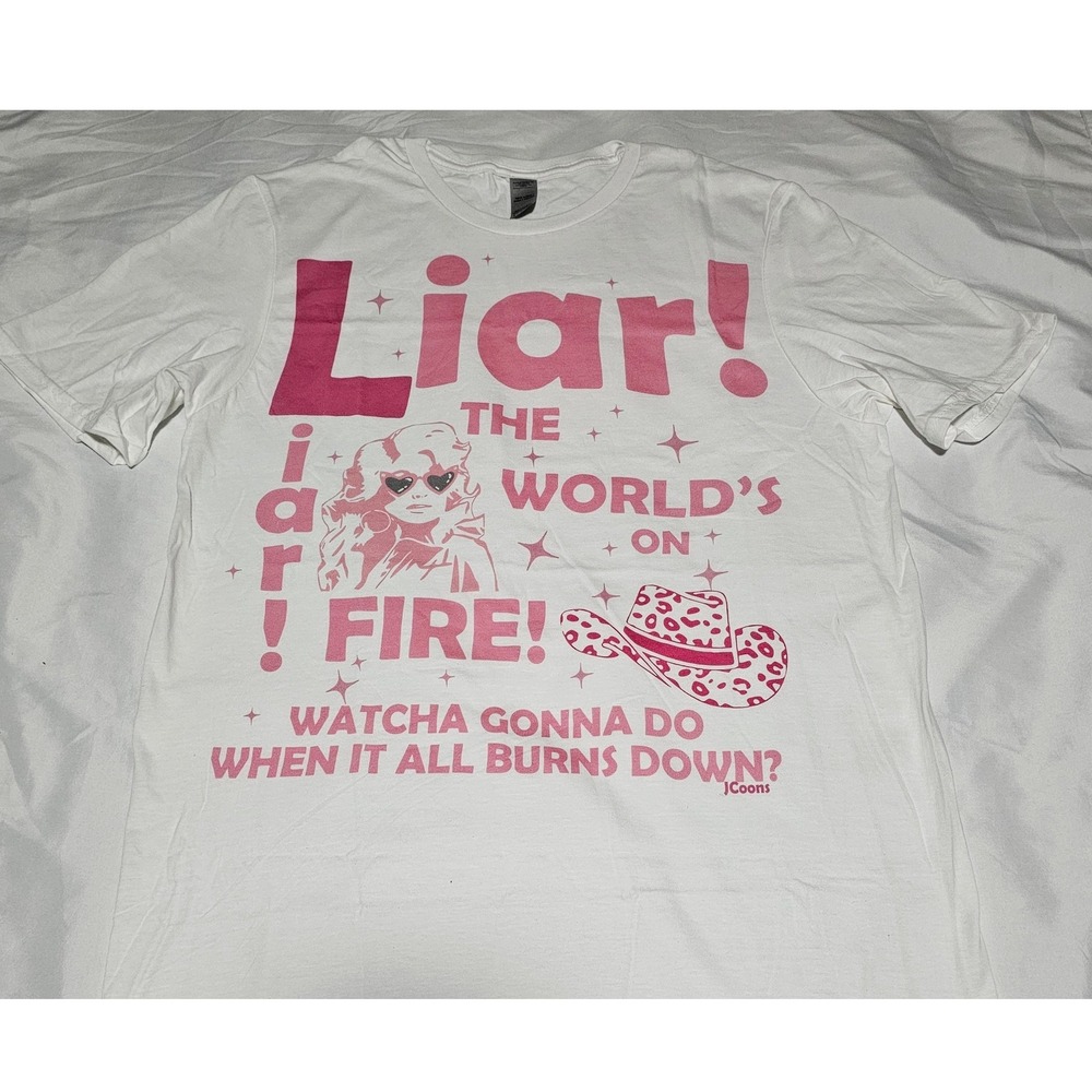Dolly Parton Liar World's on Fire Graphic Tee White Pink Size S Gildan